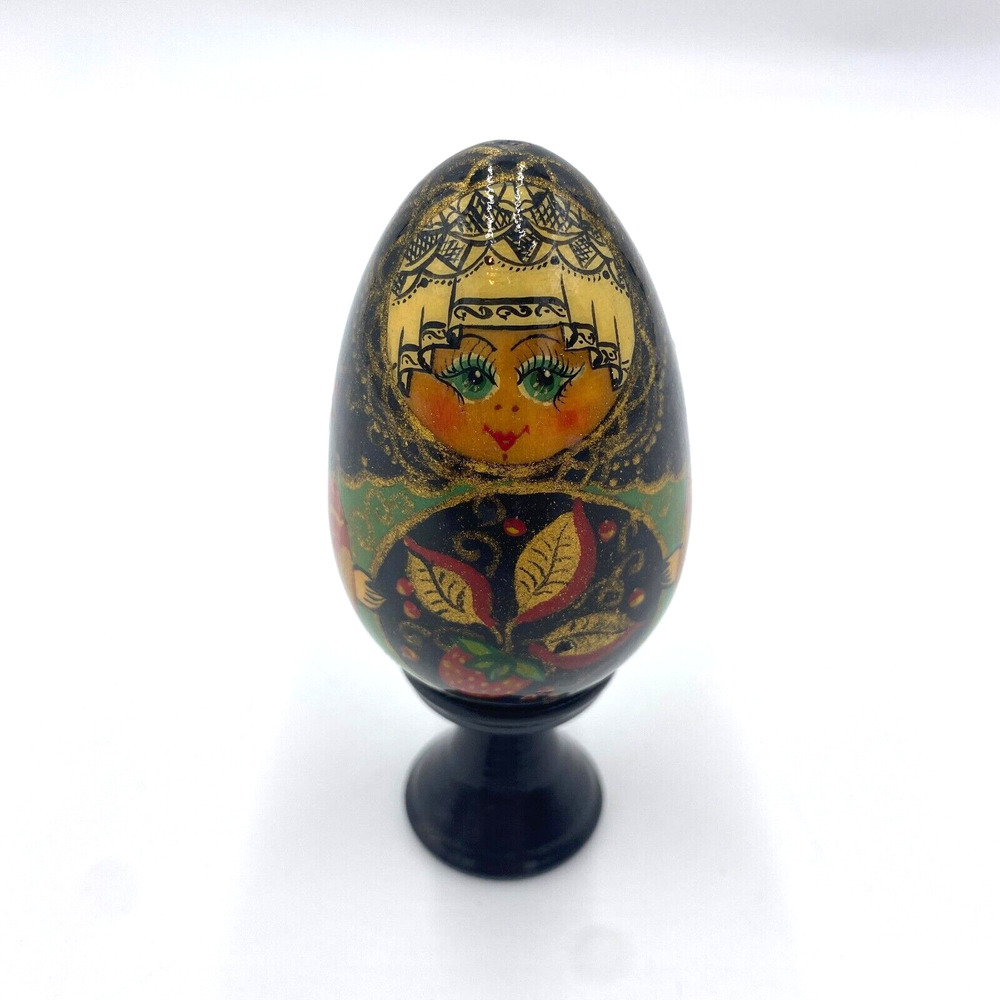 Vintage Russian Hand Painted Egg Figurine Lacquer, 4.25" Tall with Stand, Decor